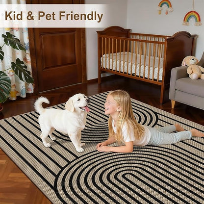 Easy Jute Area Rug, 4' x 6' Washable Rug, Black Farmhouse Ultra-Thin Non-Slip Carpet for Outdoor, Bedroom, Dining Room, Backyard, Home Decor