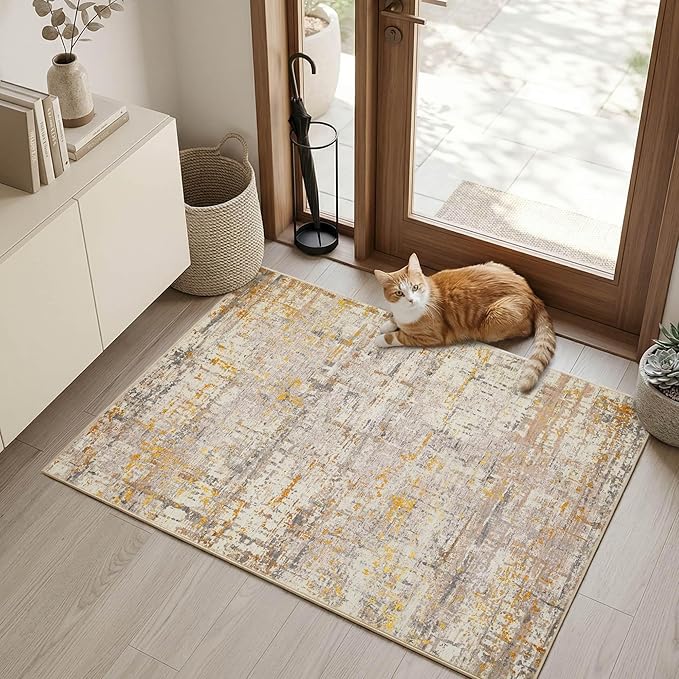 Rugxara 2x3 Entryway Rug,Door Mat Indoor Entrance, Washable Non Slip Kitchen Bathroom Rugs, Ultra-Thin Throw Small Rug for Front Door, Gold Beige