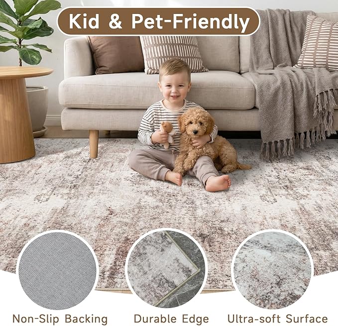 RUUGME 9X12 Abstract Area Rug:Large Washable Living Room Rug Non Slip Low Pile Carpet for Bedroom Soft Foldable Stain Resistant Distressed Thin Rug for Dining Room Kitchen 9X12 Brick/Brown/Beige