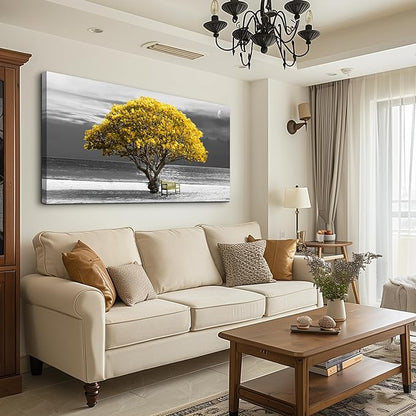 wall art for living room Decorations Photo Prints - panoramic black and white with yellow trees The moon scenery - Modern Home Decor The room Stretched and Framed Ready to Hang artwork 24X48inches