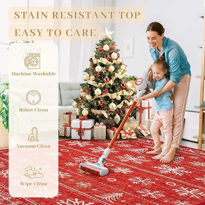 Christmas Area Rug 2x6 Runner Rugs: Washable Xmas Holiday Decor Hallway Rug Snowflake Low Pile Boho Rugs Long Indoor Floor Carpet for Kitchen Bedroom Dining Room(Xmas Red, 2'x6')