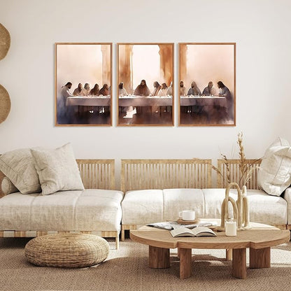 Aurlan Jesus Last Supper Bible Story Wall Art(24"x36"), 3PCS Boho Christ Christian Easter Gifts Canvas Artwork, Neutral Spiritual Religious Faith Decor Prints for Office Home