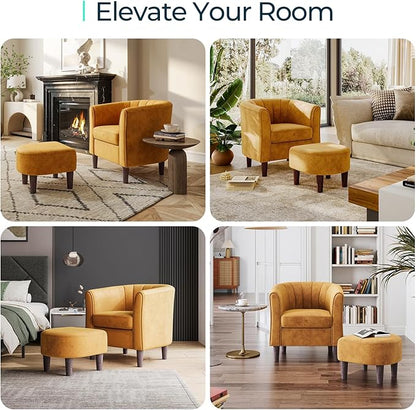 LINSY Accent Chair Set of 2, Velvet Barrel Chair with Ottoman, Modern Comfy Small Armchair for Small Spaces Reading Room Living Room Bedroom Kids Room Office, Yellow