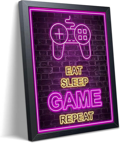 Framed Game Wall Art, Boys Game Room Wall Decor Painting, Purple Neon Gaming Controller Canvas Print Poster for Kids Room Teen Bedroom Game Room 8x10 Inch