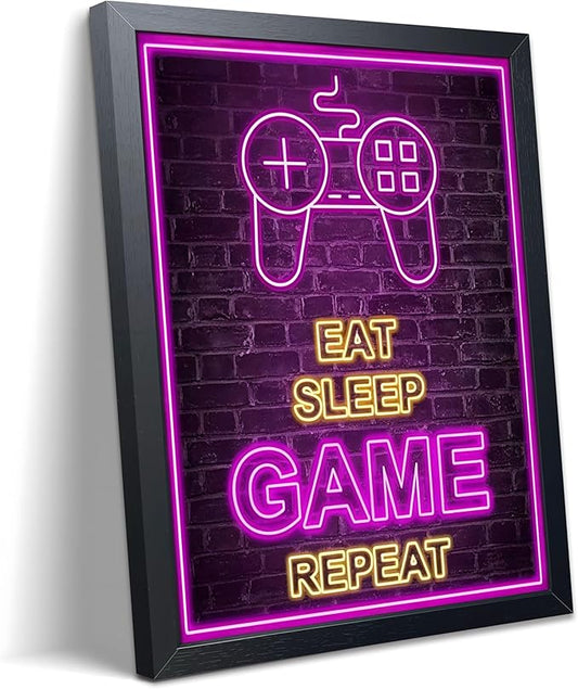 Framed Game Wall Art, Boys Game Room Wall Decor Painting, Purple Neon Gaming Controller Canvas Print Poster for Kids Room Teen Bedroom Game Room 8x10 Inch