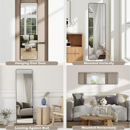 Full Length Door Mirror 14x48, Metal Frame with Protective Film, No-Drilling Hanging or Wall Mount (Horizontal/Vertical), Hooks & Hardware Included, Full Body Mirror for Bedroom, Dorm, Black