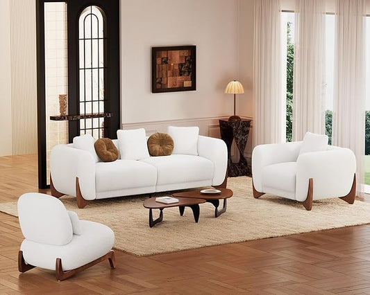 Morden Fort 3 Piece Cloud Couch Set, Modern Sherpa Boucle Sofa Set Skin-Friendly, Minimalist Upholstered Comfy Couches Sofas for Living Room, Armless Chair & Arm Chair & 3-Seater Sofa, White