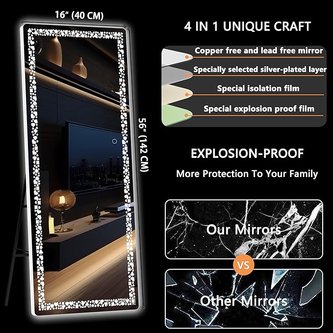 Hasipu 57” x 16" Full Length Mirror with LED Lights, Full Body Mirror for Vanity, Dressing Room, LED Free Standing Floor Mirror, Wall Mounted Mirror Dimming & 3 Color Modes (White-57 * 16)