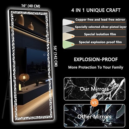 Hasipu 57” x 16" Full Length Mirror with LED Lights, Full Body Mirror for Vanity, Dressing Room, LED Free Standing Floor Mirror, Wall Mounted Mirror Dimming & 3 Color Modes (White-57 * 16)