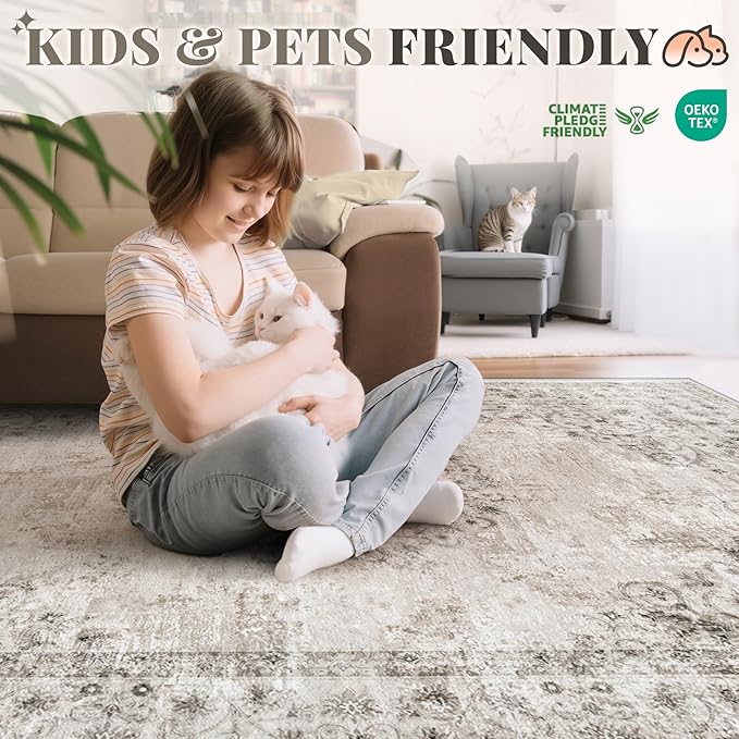Area Rug 4x6 Vintage Rug: Washable Indoor Medallion Rugs Low Pile Distressed Floor Carpet Retro Accent Rug for Living Room Bedroom Kitchen Dining Table Home Office(Distressed Taupe, 4'x6')