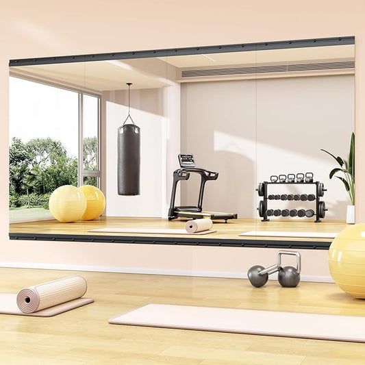 Hasipu 4 Pcs 48''x24'' Home Gym Mirror Large Full Length Wall Mounted Full Body Mirror for Yoga Dance Fitness Exercise Studio Bedroom Garage, Frameless Tempered Glass Workout Mirrors Black Rectangular