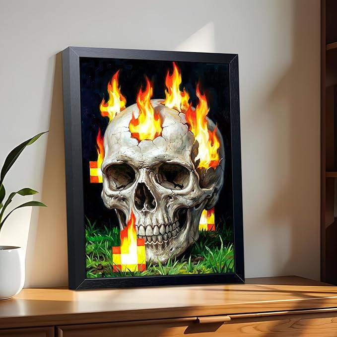 Burning Skull Wall Art, Gamer Style Wall Decor, With Pixel Fire Skull Canvas Print, Boys Room Decor, Dark Gothic Horror Painting Poster for Bedroom Game Room 12x16 Inch Wood Framed