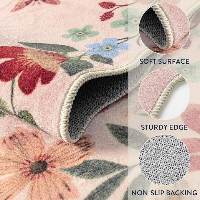 Lahome Floral Pink Rugs for Entryway, 2X3 Washable Kitchen Rug Non Slip, Ultra-Thin Indoor Door Mat Stain Resistant Boho Small Carpet for Bathroom Bedroom Flore (2x3ft,Light Pink)