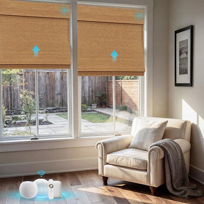 Motorized Bamboo Roman Shades, Motorized Blinds with Remote Compatible with Homekit, Alexa GoogleHome, Smart Wood Woven Shades for Indoor Windows, Customize, Canyon Grid