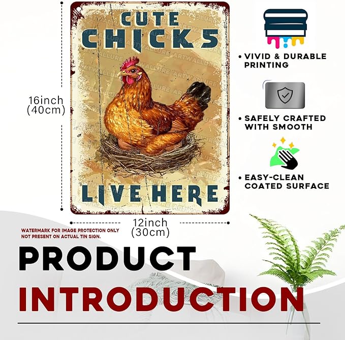 Funny Chicken Coop Signs Vintage Cute Chicks Live Here Metal Decor for Hen House & Farm 12x16Inch