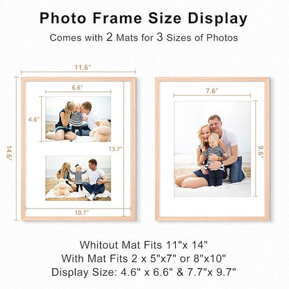 11x14 OAK Natural Wood Photo Frame,Picture Frames with mat 8x10 or 2 mat 5x7,Plexi Glass front Wall Hanging Gallery for Wall and Tabletop Display,set of 6