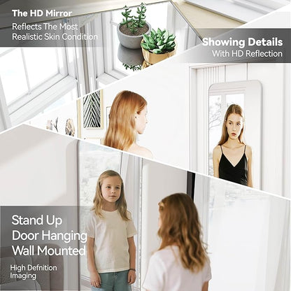SCWF-GZ 57x20 Door Hanging Full Length Mirror, Floor (Height 5.7ft just Body in 1.3ft) or Wall Mounted Metal Frame Rectangle Dressing Mirrors for Bedroom Bathroom Living Room 57 inch Silver