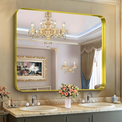 CIRCUMI Gold Bathroom Mirror, 40"x48" Rectangular Mirror with Deep Metal Frame, Rounded Corner, Tempered Glass, Large Mirror for Wall, Over 2 Sinks, Installed Vertically/Horizontally, Crystal-Clear