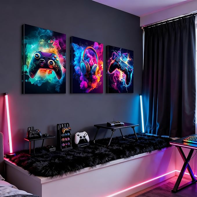 WENGTIAO 3Pcs Framed Gaming Canvas Wall Art Prints Cool Video Gamer Painting Neon Gamepad Headphones Posters Colorful Game Controller Pictures Esports Artwork for Teen Boys Bedroom Play Room 20x28in
