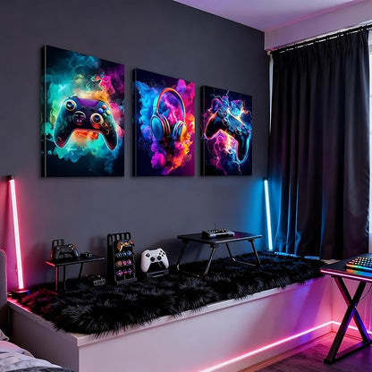 WENGTIAO 3Pcs Framed Gaming Canvas Wall Art Prints Cool Video Gamer Painting Neon Gamepad Headphones Posters Colorful Game Controller Pictures Esports Artwork for Teen Boys Bedroom Play Room 20x28in