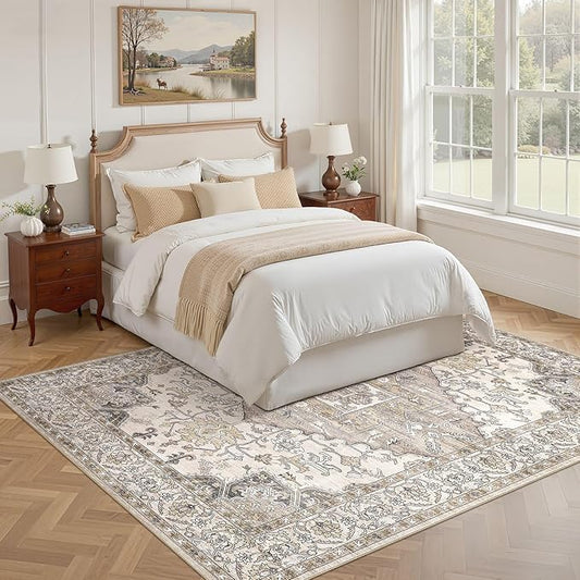5x7 Washable Area Rugs for Living Room: Non Slip Vintage Brown Rug, Large Soft Stain Resistant Indoor Floor Carpets for Bedroom Dining Room Farmhouse Nursery Home Office Kid & Pet Friendly