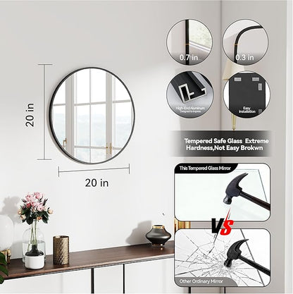 SCWF-GZ 20" Round Mirror Circle Wall Mounted Hanging or Against Wall Metal Frame Dressing Make-up Mirrors for Entryway Bedroom Bathroom Living Room 20 inch Black
