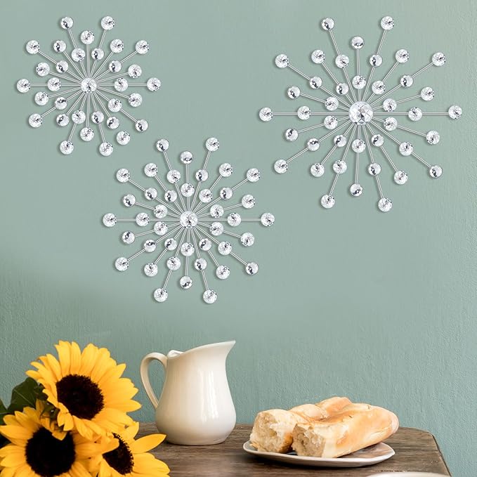 Barydat 6 Pcs Metal Starburst Wall Decor Bling Crystal Wall Art Rhinestone Sunburst Home Decoration No Punch Starburst Hanging Diamond Accents for Living Room Bedroom(25cm, 20cm, 15cm,Silver)