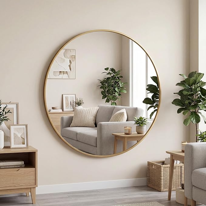 OLIXIS 36 Inch Gold Round Bathroom Wall Mirror, Round Bathroom Mirrors for Over Sink, Circle Mirror with Tempered Glass for Home Decor, Entryway, Bedroom, Vanity, Shatterproof& Crystal-Clear
