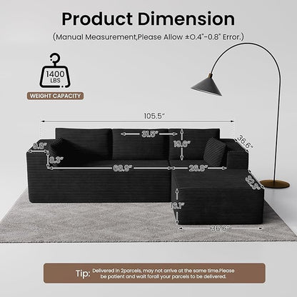 106" Cloud Sectional Boneless Couches for Living Room, Modular L Shaped Couch with Deep Seat Oversized Right Facing Chaise, Memory Foam Compressed Spineless 3 Seater Sofa for Apartment, Black
