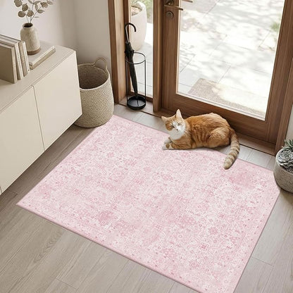 Rugxara 2x3 Entryway Rug Door Mat, Washable Boho Pink Samll Entry Rug, Non Slip Area Rugs, Low Pile Throw Accent Entry Carpet for Indoor Entrance, Front Door Mat, Bathroom and Kitchen(Pink 2x3ft)