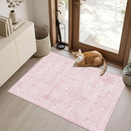 Rugxara 2x3 Entryway Rug Door Mat, Washable Boho Pink Samll Entry Rug, Non Slip Area Rugs, Low Pile Throw Accent Entry Carpet for Indoor Entrance, Front Door Mat, Bathroom and Kitchen(Pink 2x3ft)