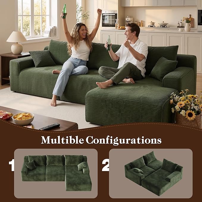 Homkdom L-Shaped Cloud Boneless Couch with Deep Seat, Modular Sectional Sofa with Oversized Chaise, 6 Layouts Combination for Living Room, Apartment, No Assembly (Green, Right Facing Chaise)