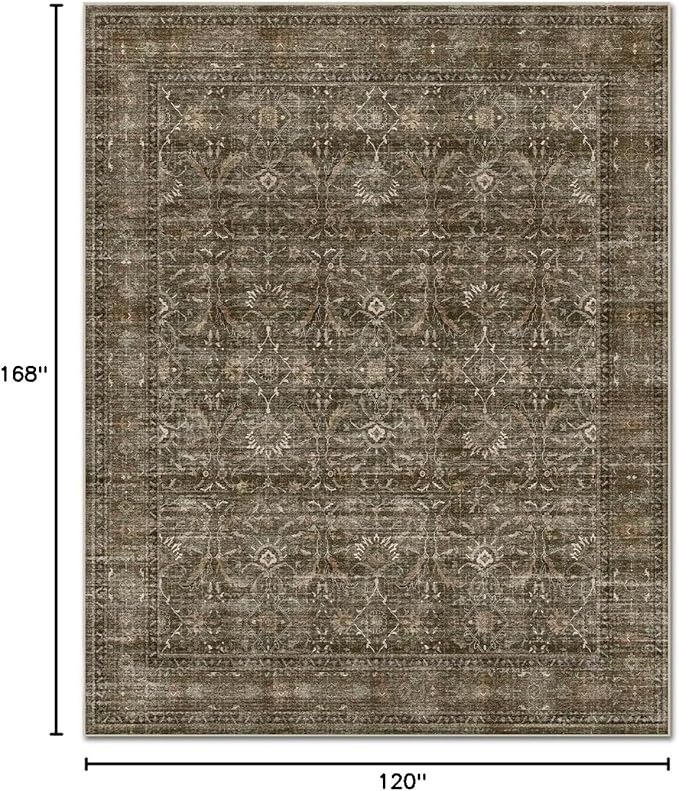 Washable 10x14 Area Rugs for Living Room, Boho Non-Slip Vintage Distress Large Rugs for Bedroom Dining Room Office, 0.3" Neutral Oriental Throw Thin Carpet, Rust/Multi, D2