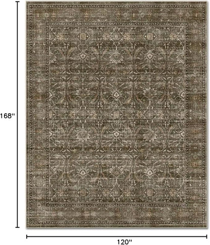 Washable 10x14 Area Rugs for Living Room, Boho Non-Slip Vintage Distress Large Rugs for Bedroom Dining Room Office, 0.3" Neutral Oriental Throw Thin Carpet, Rust/Multi, D2