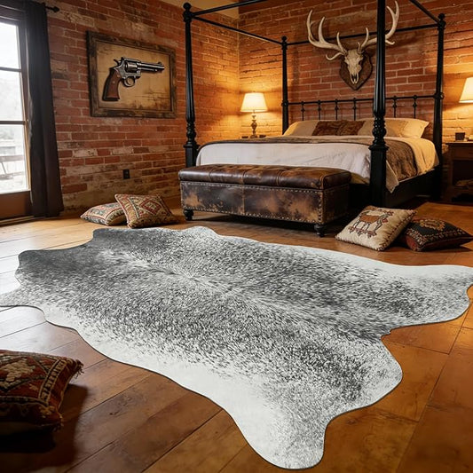 Cowhide Rug for Living Room, Washable Cow Hide Rug, Large Faux Animal Skin Rugs, Non-Slip Cow Print Area Rugs, 8x10Ft Large Cowhide Rugs for Bedroom Office Kitchen Fireplace, Grey