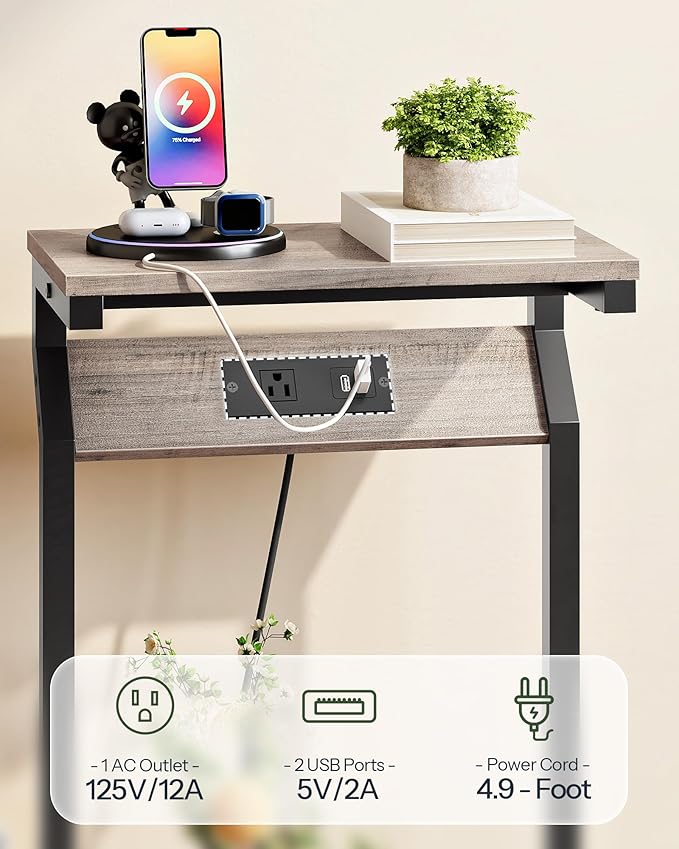 CHOEZON Narrow Side Table with Charging Station, 27" Skinny End Table for Small Spaces, Couch Table with Storage, Slim Tray Table with USB Ports, for Living Room, Bedroom, Greige and Black TBZ27UBG
