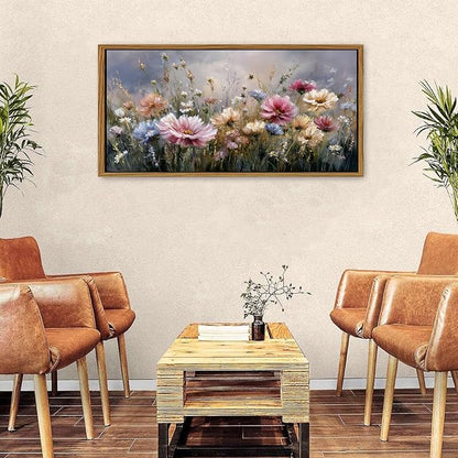 Vintage Flower Framed Canvas Wall Art Countryside Pink Wildflower Wall Decor Colorful Nature Flowers Pictures Prints Painting Farmhouse Daisy Poster Artwork for Living Room Bedroom Decoration 24x48