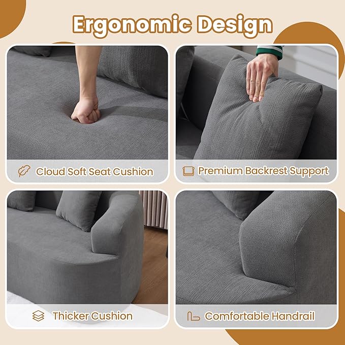 103" L Shaped Boneless Sectional Couches for Living Room, Curved Modular Sectional Sofa with Chaise, Modern Cloud Couch Deep 3 Seat No Assembly, Dark Grey