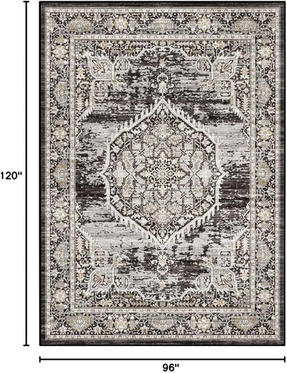 8x10 Rug Washable Area Rugs: Large Soft Living Room Rug - Distressed Stain Resistant Floor Carpet - Machine Washable Foladable Low Pile Area Rugs 8'x10' Black