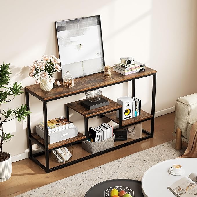 YOUDENOVA TV Stand for TVs up to 65 Inch, TV Console Table with 3-Tier Open Storage Shelves, Modern Industrial Entertainment Center for Living Room, Bedroom, Rustic Brown