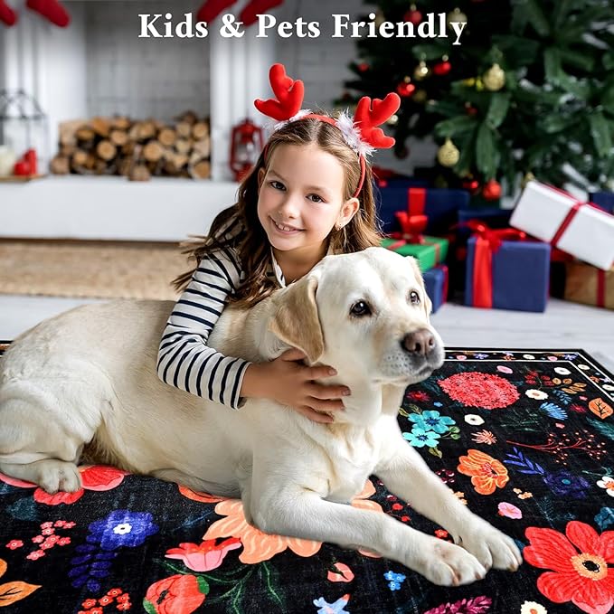Macgace 2x8 Floral Runner Rug, Flowers Printed Washable Rugs with Non Slip Backing for Girls Bedroom Kitchen Hallway,Cute Carpet Runners Home Aesthetic Decor, Black
