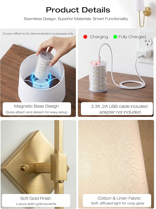 CLOUDY BAY 10000mAh Battery Operated Wall Sconces,Up to 100 Hours with Rechargeable RGB Dimmable Magnetic Bulb,Cordless Wall Lighting Fixtures with Remote for Bedroom,Soft Gold,2 Pack-18inch