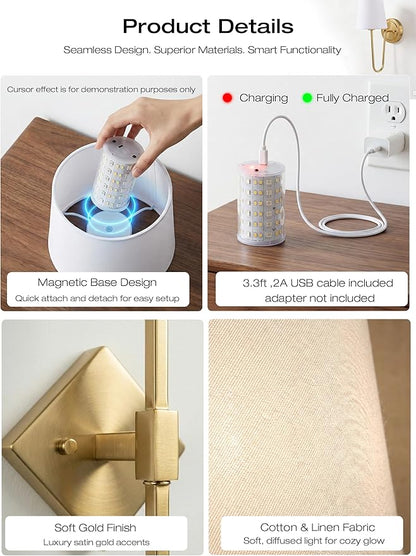 CLOUDY BAY 10000mAh Battery Operated Wall Sconces,Up to 100 Hours with Rechargeable RGB Dimmable Magnetic Bulb,Cordless Wall Lighting Fixtures with Remote for Bedroom,Soft Gold,2 Pack-18inch
