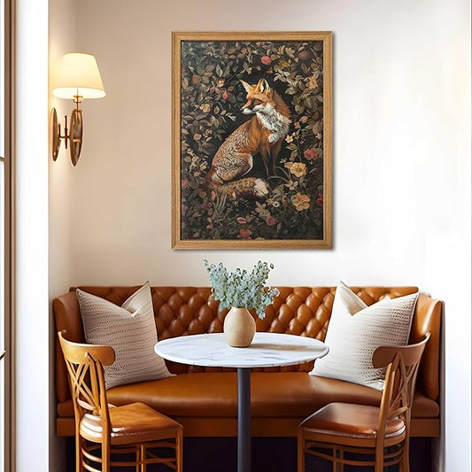 Framed 3D Textured Vintage Wall Art - Dark Academia Decor Hand Drawn Sandstone Fox Paintings with Botanical Florals, Aesthetic Wall Decor for Living Room Bedroom Home 24x36 inch