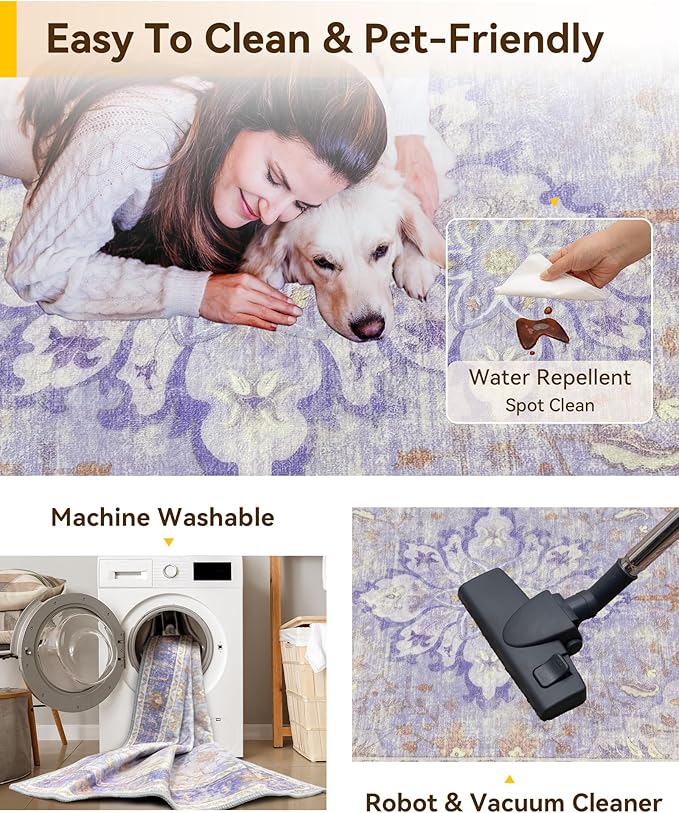 RELEANY Area Rugs 2'x6' Runner Rug Non Slip Washable for Kitchen Hallway Bedroom Beside Laundry Room Bathroom Rug, Floor Carpet, Light Purple Brown
