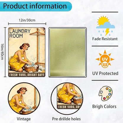 50s laundry Day Poster Metal Tin Sign Fresh Suds Bright Days Vintage Sign Utility Room Decor Retro Laundry Room Wall Art 16x12 Inch