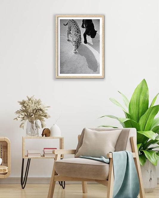 EcoHest Small Cheetah and Jaguar Walking Framed Wall Art, 8x10 in OAK Wood Vintage Black and White Funny Bathroom Canvas Art, Fashion 1950s Poster Decor, Set of 1 for Bedroom Living Room