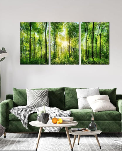 HLJ ART Forest Wall Art: 3 Panel Green Tree Pictures Canvas Wall Art, 20x30 Inch, Sunrise Prints Scenery Wall Art Hanging Wall Mural Nature Art Wall Decor for Bedroom, Living Room, Office