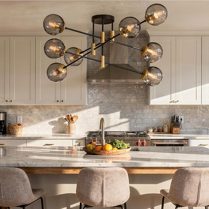 8-Light Sputnik Chandelier Modern Matte Black and Gold Ceiling Light, Glass Globe Hanging Light Fixture for Dining Room, Kitchen Island, Bedroom, Living Room