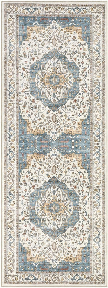 Area Rug for Living Room - 3x8 Soft Washable Oriental Vintage Floral Distressed Large Carpet - Fade Stain Resistant Non Slip Rugs for Bedroom Dining Room Nursery Dorm Office Home Decor - Blue/Beige